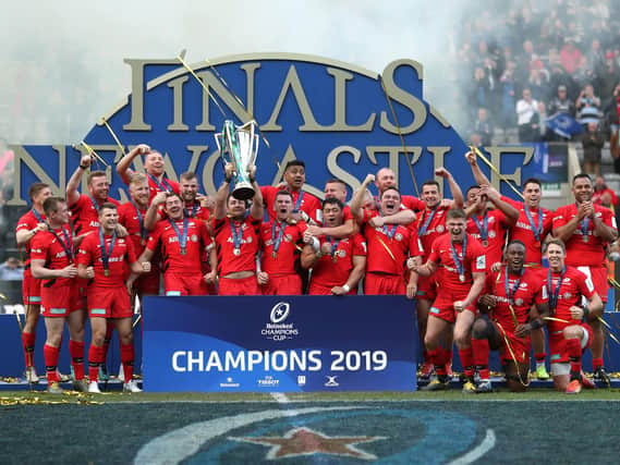 Saracens celebrate their Champions Cup win over Leinster. (David Davies/PA Wire)