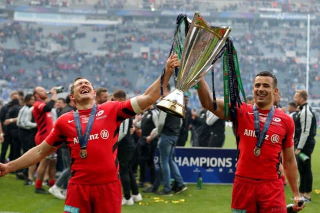 Kings of europe: Saracens Alex Goode, left, and Sean Maitland celebrate winning the Champions Cup final at St James Park, Newcastle. (Picture: Richard Sellars/PA)