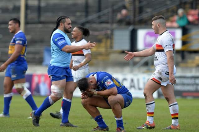Nathaniel Peteru shows his emotions at full time after the defeat at Bradford Bulls.