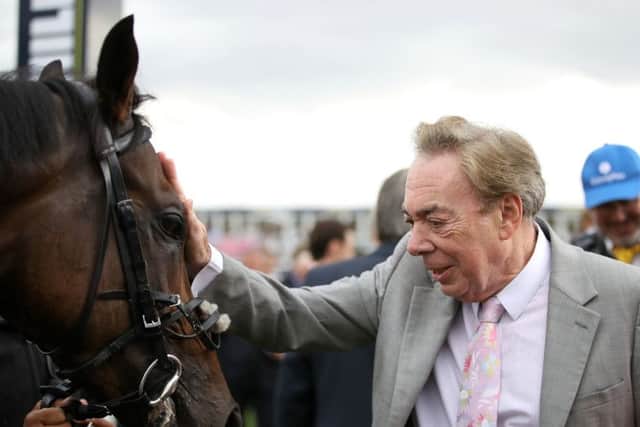 Composer Andrew Lloyd Webber celebrates Dante contender Too Darn Hot's victory in the Champagne Stakes at Doncaster on St Leger day.