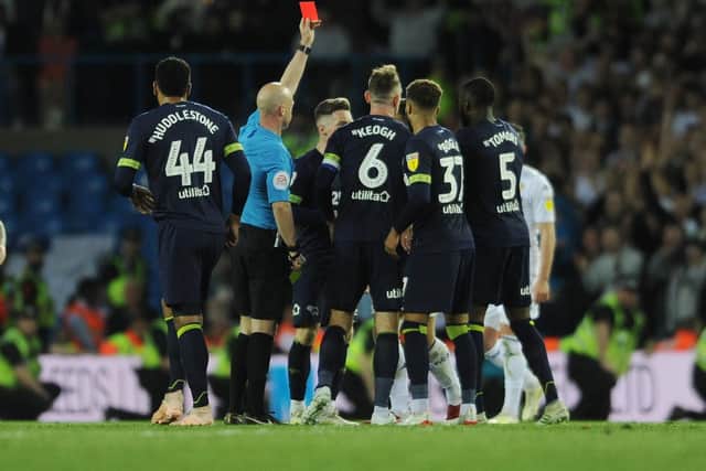 OFF: Gaetano Berardi is given his marching orders as Leeds United's season ends in tatters. Picture by Tony Johnson.