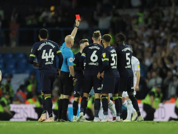 OFF: Gaetano Berardi is given his marching orders as Leeds United's season ends in tatters. Picture by Tony Johnson.