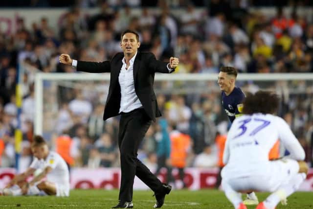 Derby County head coach Frank Lampard celebrates at Elland Road.
