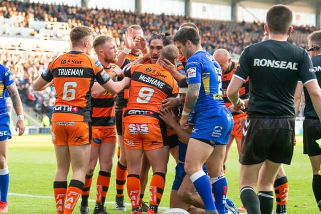 Jesse Sene-Lefao celebrates his first try at Headingley.