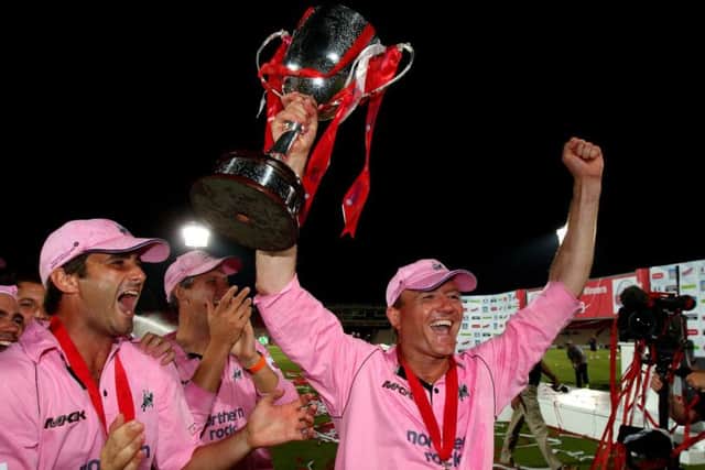 Shaun Udal celebrates victory with the trophy after Middlesex win the Twenty20 Cup Final against Kent in 2008.  Picture: Richard Heathcote/Getty Images