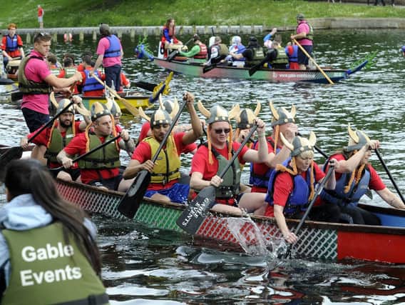 Action at a previous Dragon Boat Race on the lake at Roundhay Park.