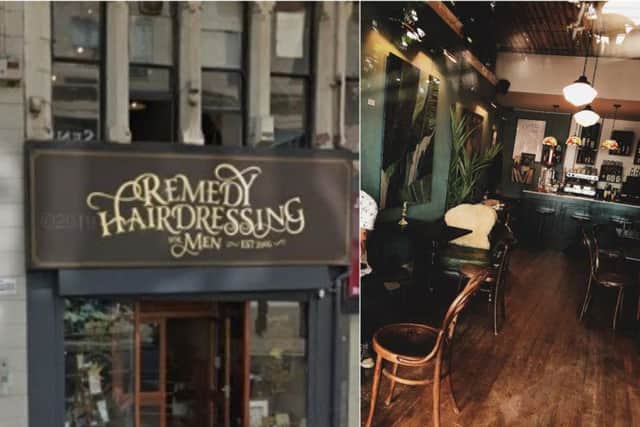 Remedy in Leeds city centre. Left: Remedy barbershop. Right, inside Remedy bar, which is open and trading as normal