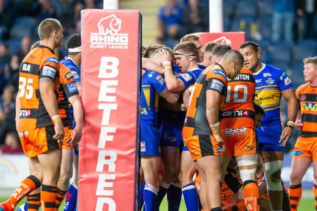 Tom Briscoe is congratulated on his try against Castleford.