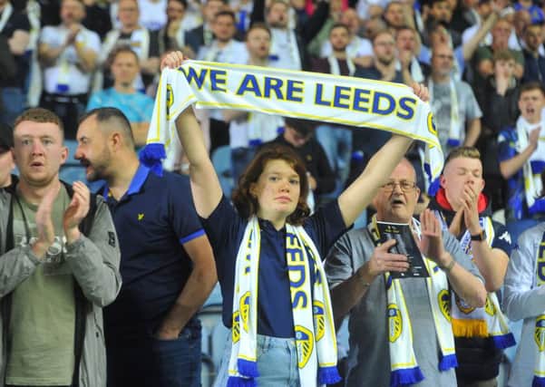 Leeds United fans show their support during the play-off semi-final second leg against Derby County. Picture: Tony Johnson.
