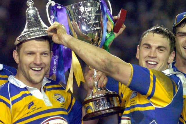 Barrie McDermott and Kevin Sinfield celebrate Leeds Rhinos' World Club Challenge victory over Canterbury Bulldogs in 2005. PIC: Tony Johnson/JPIMedia