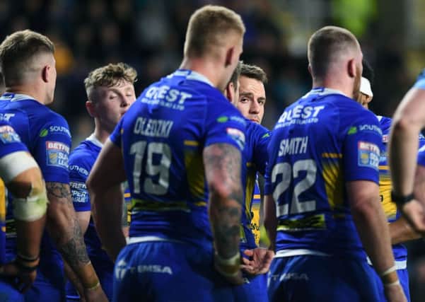 Leeds Rhinos players show their frustration against Castleford.