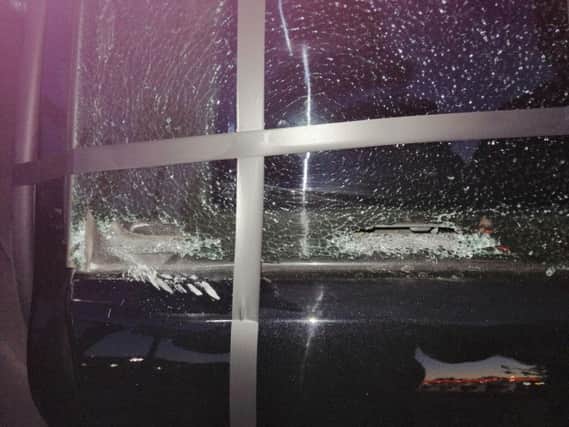 The damage caused to a car after a brick was thrown at it on the M62. Photo: Rachel Hemmingway.