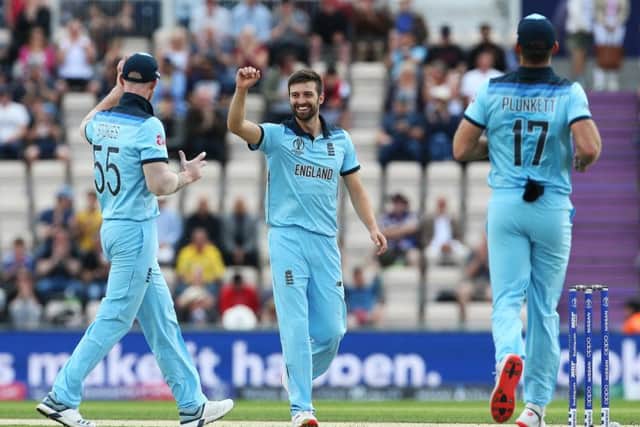 England's Mark Wood celebrates taking the wicket of Australia's Aaron Finch at The Hampshire Bowl. Picture: Mark Kerton/PA.