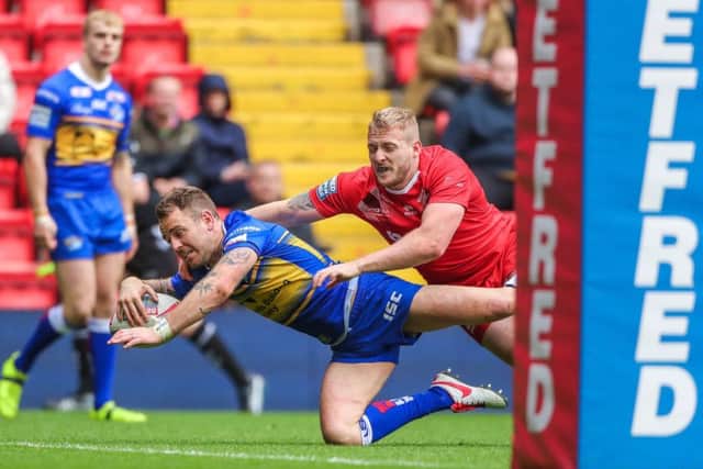 Leeds Rhinos scrum-half Richie Myler touches down against London Broncos. PIC: Alex Whitehead/SWpix.com