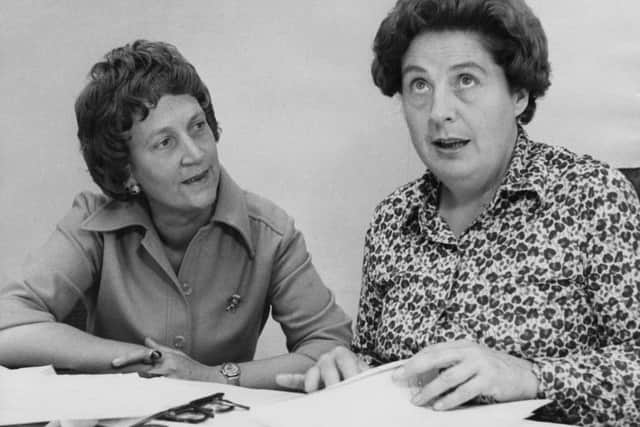 Betty Lockwood, Baroness Lockwood (right), chairman of the Equal Opportunities Commission, and Lady Howe, the deputy chairman, at their Mayfair office, London, 21st September 1976. Photo by Keystone/Hulton Archive/Getty Images.