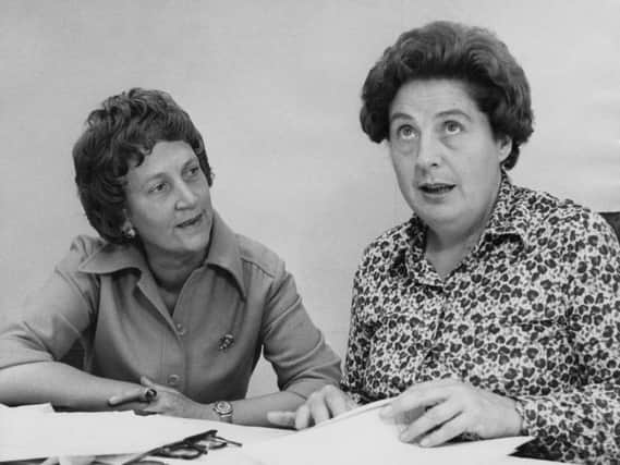 Betty Lockwood, Baroness Lockwood (right), chairman of the Equal Opportunities Commission, and Lady Howe, the deputy chairman, at their Mayfair office, London, 21st September 1976. Photo by Keystone/Hulton Archive/Getty Images.