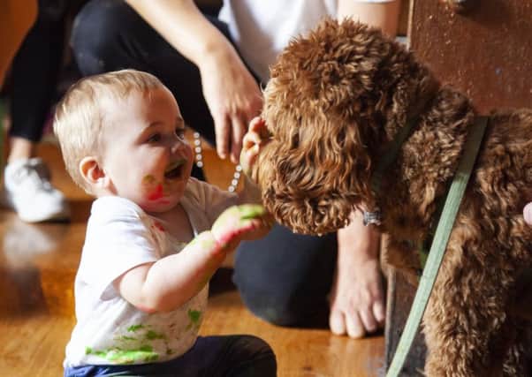 Play party: Pet therapy dog Jeffrey entertains children during the event at Revolution De Cuba in Leeds.