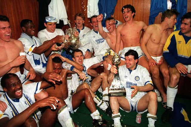 Speed and his Leeds team-mates celebrating their 1992 title win.