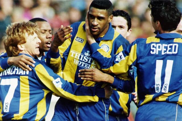 Brian Deane with Speed and other Leeds team-mates in 1994.