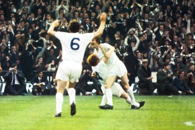 Allan Clarke celebrates scoring his goal in the second leg of the Inter-City Fairs Cup final in 1971.