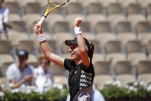Britain's Johanna Konta celebrates winning her fourth round match against Croatia's Donna Vekic in two sets. Picture: AP/Christophe Ena