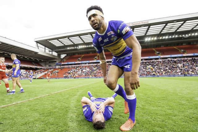 Leeds' Kallum Watkins with James Donaldson after the victory over London at Magic Weekend.