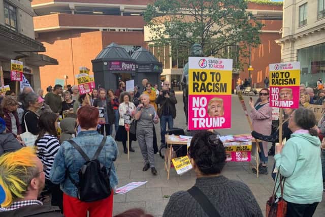 Protesters gather in Dortmund Square, Leeds, over Trump's State visit