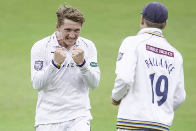 Yorkshire's Dom Bess celebrates dismissing Essex's Simon Harmer.