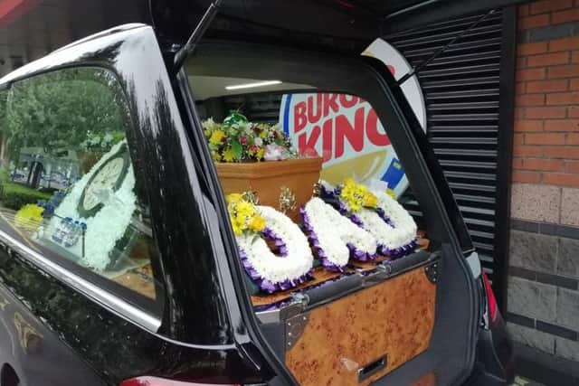 Funeral cortege stops at Burger King in Cottingley as part of Leonard Durkin's final send off. Picture: Peter Durkin
