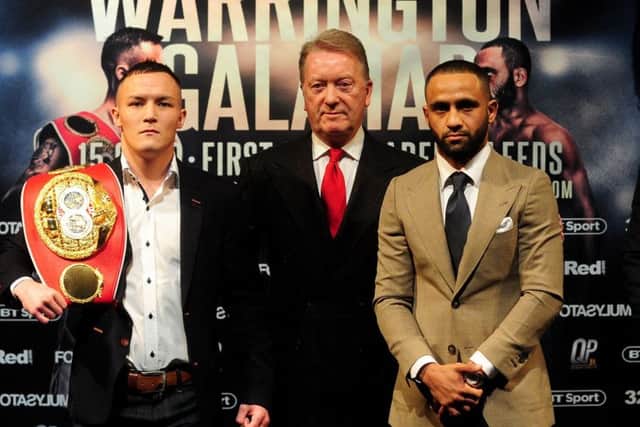 Ready for battle: Josh Warrington, left, and Kid Galahad, right, with promoter Frank Warren. Picture: Simon Hulme