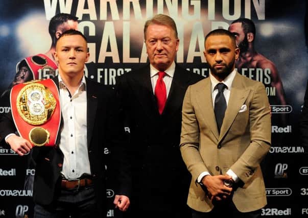 Ready for battle: Josh Warrington, left, and Kid Galahad, right, with promoter Frank Warren. Picture: Simon Hulme