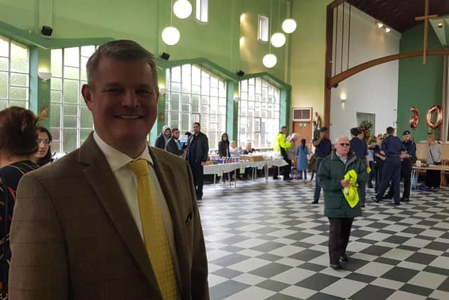 Stuart Andrew, MP for Pudsey, Horsforth & Aireborough attends the community event at St James the Great Church in Pudsey. 8 June 2019.