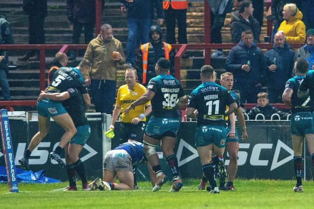 Leeds Rhinos celebrate Tui Lolohea's try against Wakefield on Friday night. Picture: Bruce Rollinson