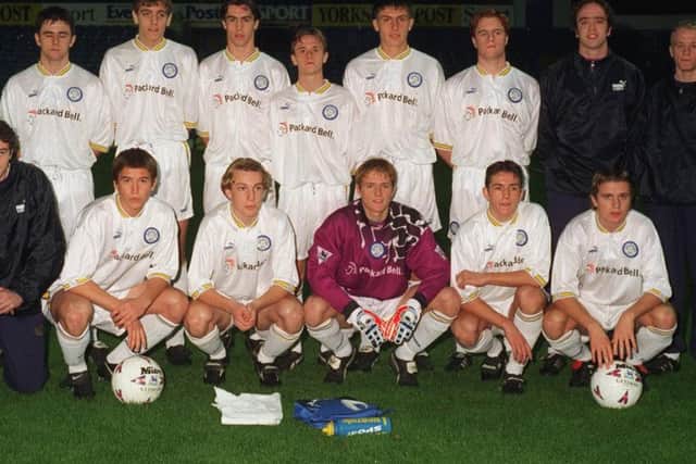 Leeds United Youth Team. Back row from the left: Kevin Dixon, Jonathan Woodgate, Damian Lynch, Andrew Wright, Anthony Hackworth, Alan Maybury, Simon Briggs and Lee Matthews. Front row from the left: Tommy Knarvik, Harry Kewell, Wesley Boyle, Nicky Byrne, Matthew Jones and Stephen McPhail.