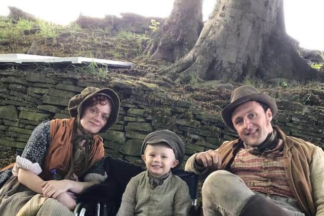 Rocco Haynes, five, from Middleton, who plays Billy Hardcastle in Gentleman Jack, with actors Natalie Gavin and Joel Morris, who play his parents Alice and William Hardcastle in the show.