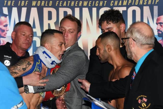 NO LOVE LOST: Josh Warrington and Kid Galahad come face to face at Friday's white-hot weigh-in at Leeds City Museum. Picture by Jonathan Gawthorpe.