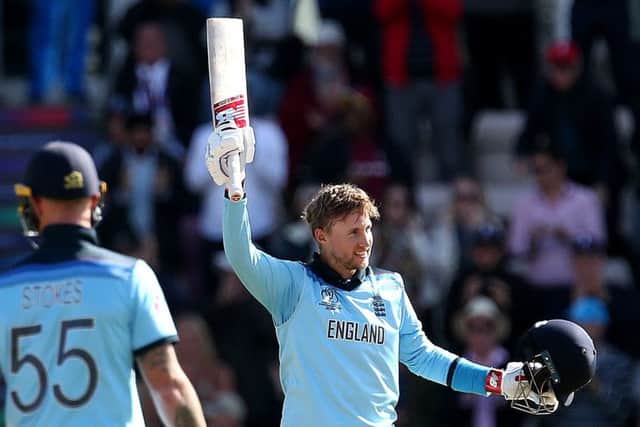 England's Joe Root celebrates reaching a century in the World Cup group stage win over the West Indies at the Hampshire Bowl, Southampton (Picture: Steven Paston/PA Wire).