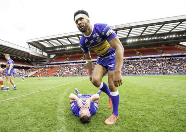 Kallum Watkins with James Donaldson after their victory over London at Anfield. Picture: Allan McKenzie/SWpix.com