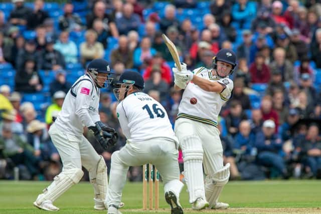 Gary Ballance pulls a delivery from Jeetan Patel through mid-wicket at Clifton Park, York. Picture: Bruce Rollinson