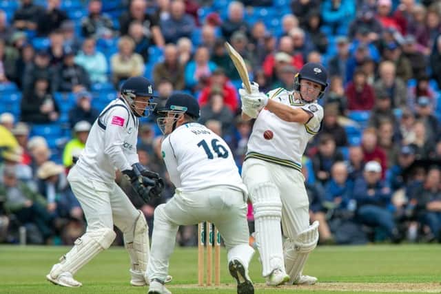 Gary Ballance hits a delivery from Jeetan Patel. at York CC. (Picture: Bruce Rollinson)