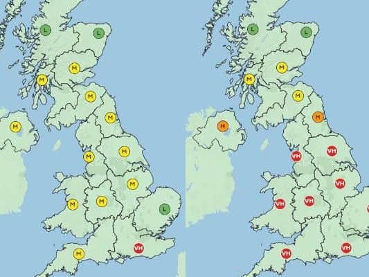 There will be medium pollen levels throughout most of the UK on Wednesday (left), rising to very high on Saturday (right) (Photo: Met Office)