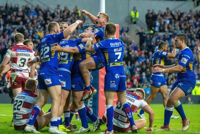 Trent Merrin celebrates Leeds Rhinos' second try against Wigan Warriors. PIC: Bruce Rollinson