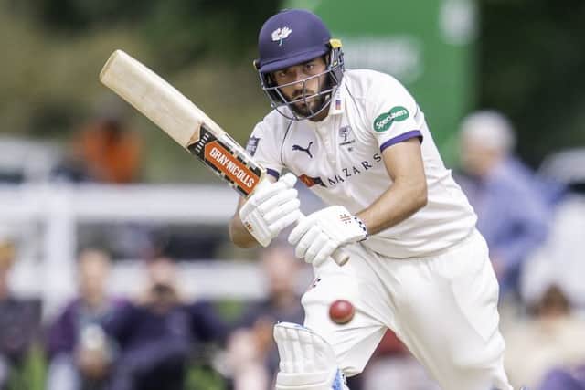 Yorkshire's Jack Leaning hits out on his way to a half-century against Warwickshire.