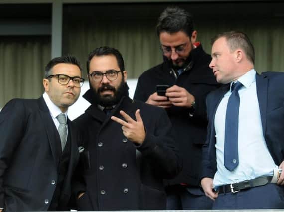 Leeds United owner Andrea Radrizzani (L), Victory Orta (M) and Angus Kinnear (R).