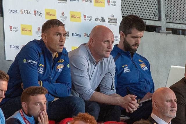 Kevin Sinfield and Richard Agar watching last week's defeat at St Helens. 
Picture: Bruce Rollinson