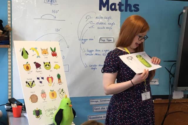Artist Helen Gibson, known as the Perky Painter, visiting West End Primary School in Horsforth