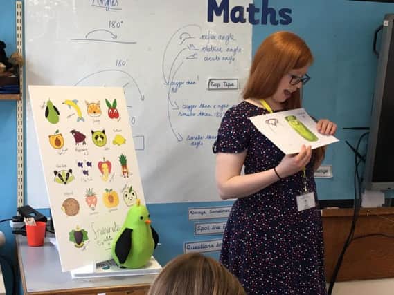 Artist Helen Gibson, known as the Perky Painter, visiting West End Primary School in Horsforth