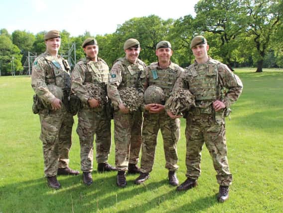 From left to right are: Private Brad Scaife, 22, Private Jamie Richards, 28, Lance Corporal Karl Briggs, 24, Private James McGregor, 46, Will Howarth, 22