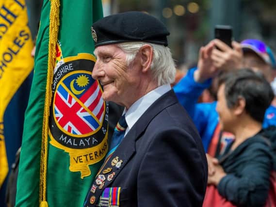 Armed Forces Day on Briggate, Leeds. Pictured Bernie Allen, 72, of Morley, Leeds, a Standard Bearer for the Malaya & Borneo Veterans.