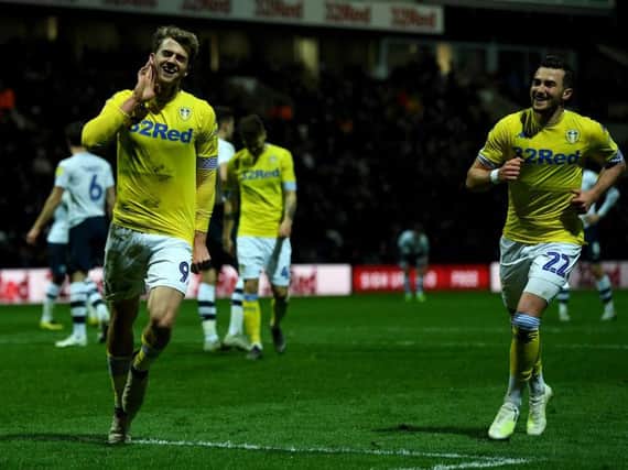 Leeds United striker Patrick Bamford celebrates.